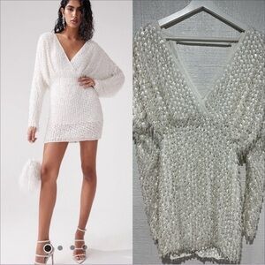 NWT ASOS DESIGN batwing embellished drip bead wrap mini dress in white SIZE 2